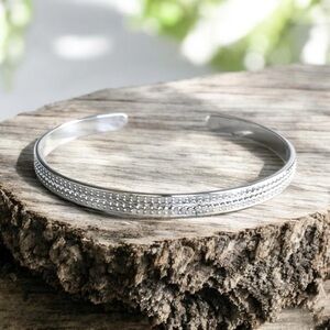 Shiny Sterling Silver Scalloped Open Cuff Bangle Handmade - 5.6mm Wide